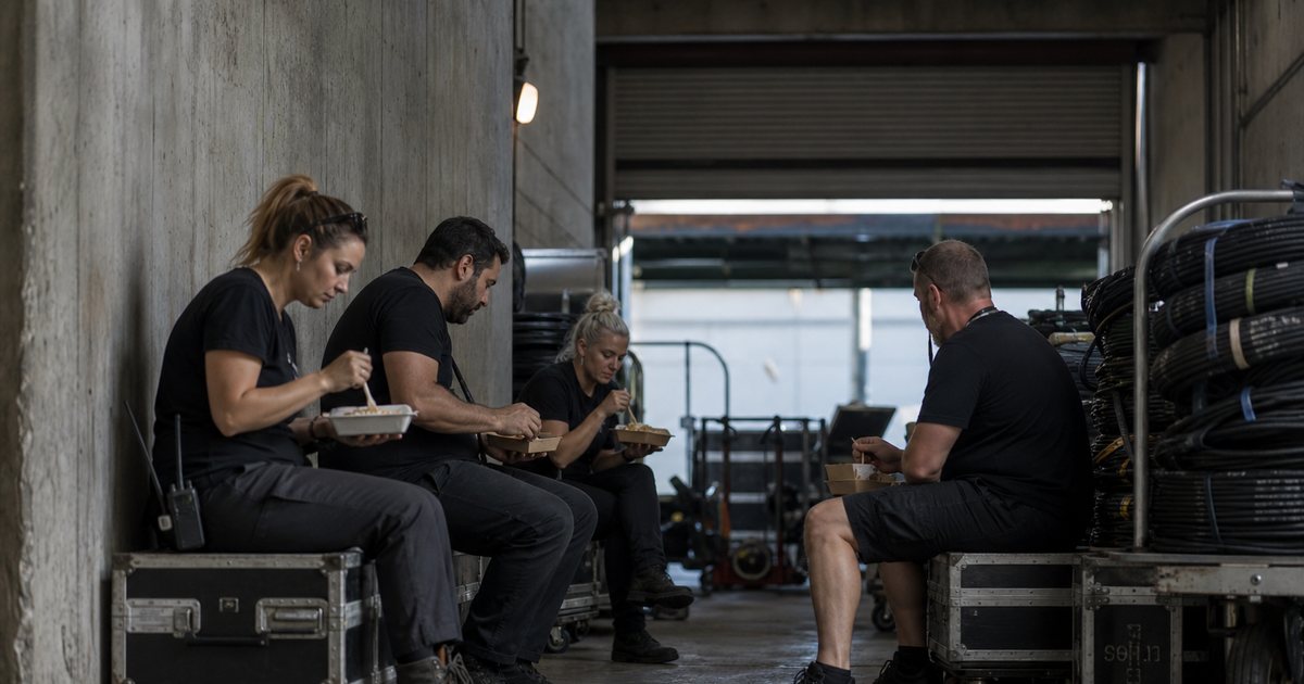 Event crew in plain black shirts sitting on road cases eating from boxed meals in a dim concrete loading dock area, coiled cables and rolling carts stacked nearby, one overhead work light and open bay door behind them