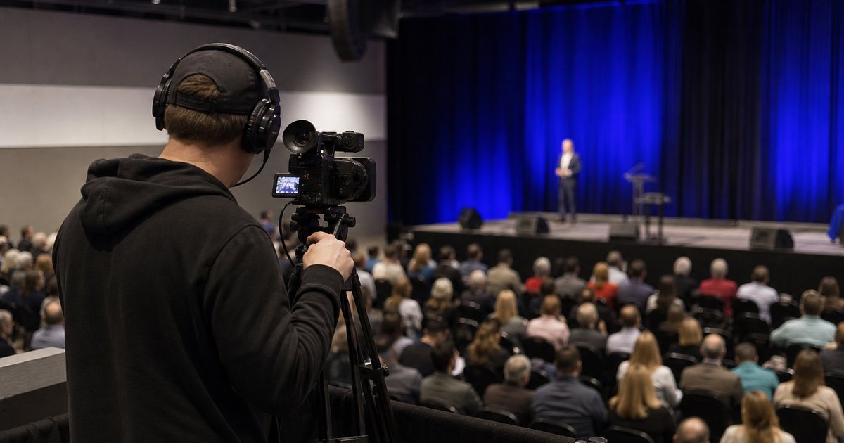 A camera operator on a raised platform at the back of a conference hall filming a speaker on a blue-lit stage, seated audience in the foreground, tripod and headset visible
