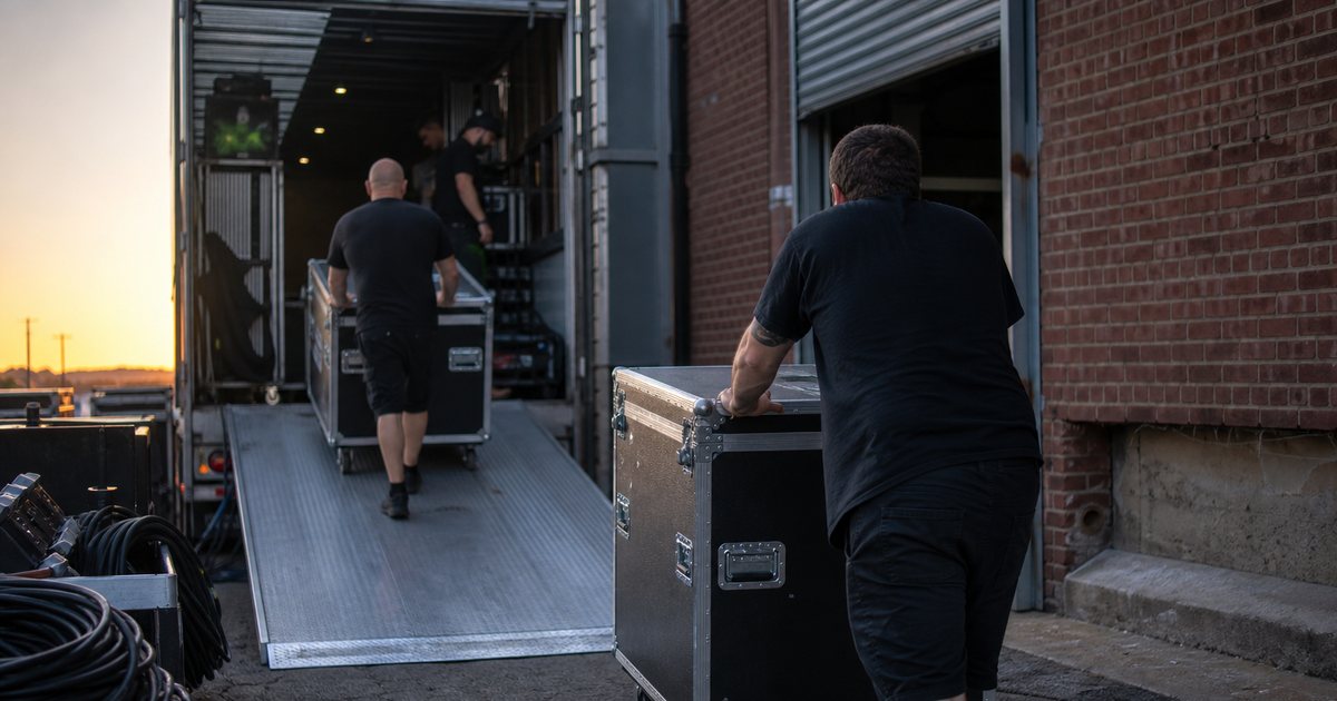 Crew members in black t-shirts rolling road cases down a truck ramp at a venue loading dock at dawn, cables coiled on the ground, brick wall and roll-up door