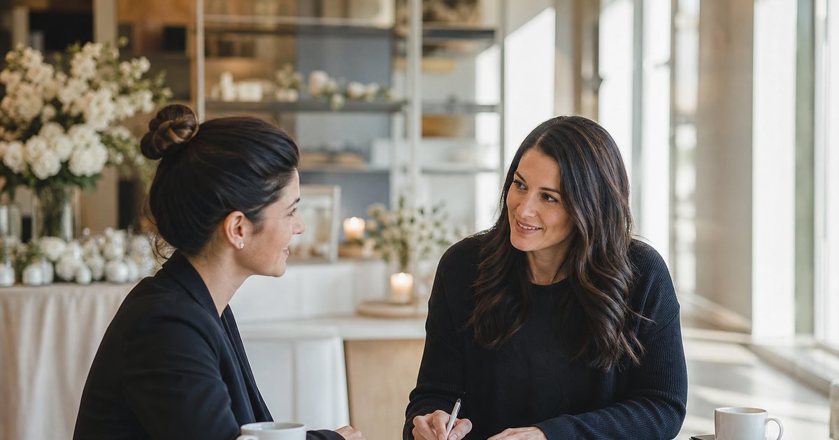 An event planner and a client seated across a wooden table in a bright venue office, printed pages and a pen between them, soft natural window light, coffee cups
