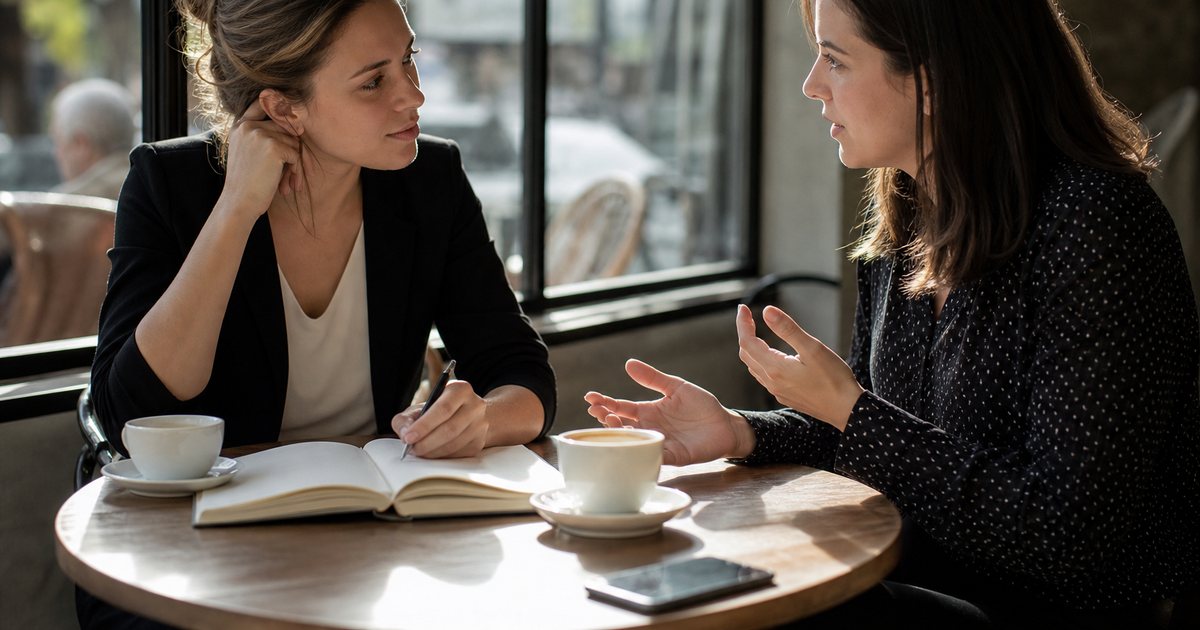 Two event planners debriefing over coffee at a small cafe table the morning after an event, an open paper notebook and pens between them, soft morning light through a window