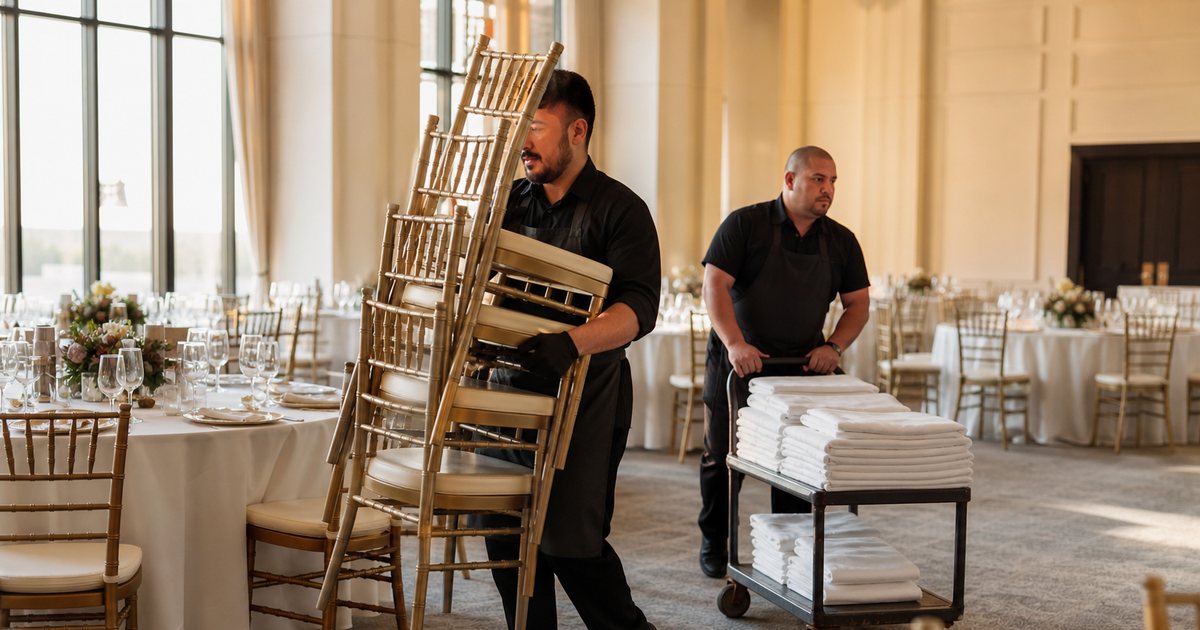 Banquet staff in black aprons carrying stacked chiavari chairs and rolling a cart of folded white linens across an empty ballroom floor, tall windows throwing warm late afternoon light, round tables half set in the background
