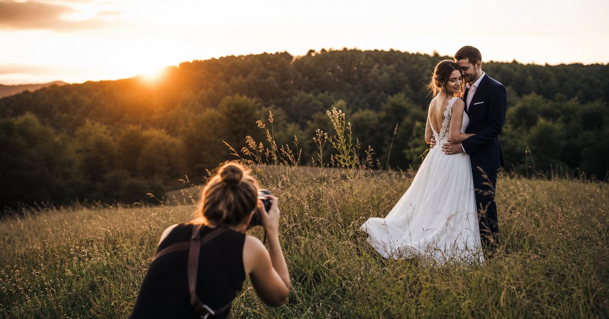 A wedding photographer crouching in a meadow posing a couple in wedding attire at golden hour, low warm sun on the horizon, tall grass, soft backlight