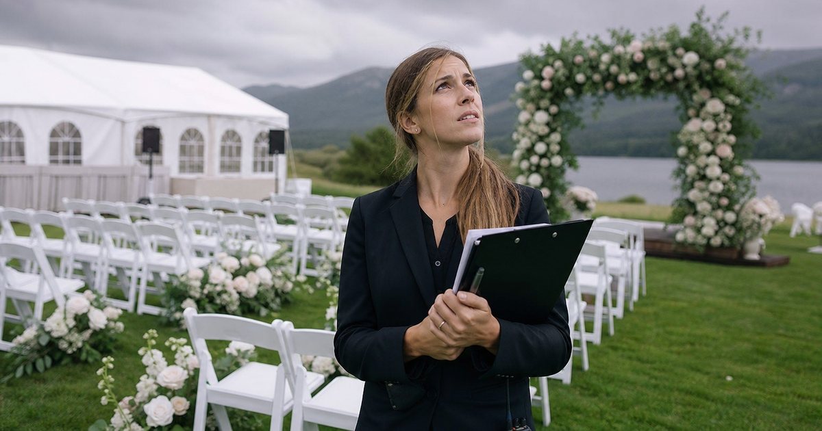 A wedding coordinator with a clipboard looking up at gray clouds gathering over an outdoor ceremony lawn with rows of white chairs and a floral arch, a white tent in the background